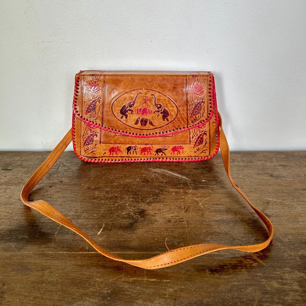 Vintage Handmade Shantiniketan Tooled Leather Bag | Made in India | Boho Style